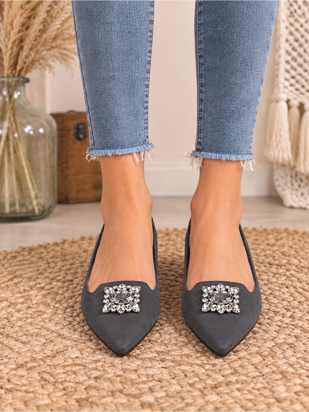Nine West Charcoal Pointed Flats with Crystal Buckle